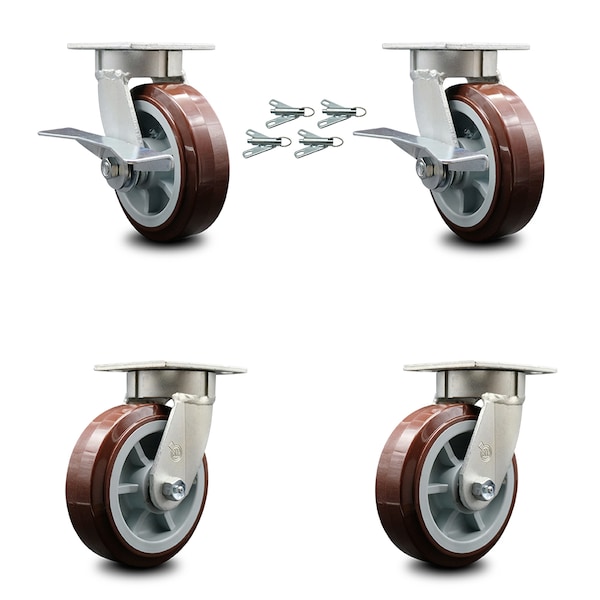 Service Caster 6 Inch Kingpinless Poly on Polyolefin Wheel Caster Swivel Locks 2 Brakes, 4PK SCC-KP30S620-PPUR-SLB-BSL-2-BSL-2 - main